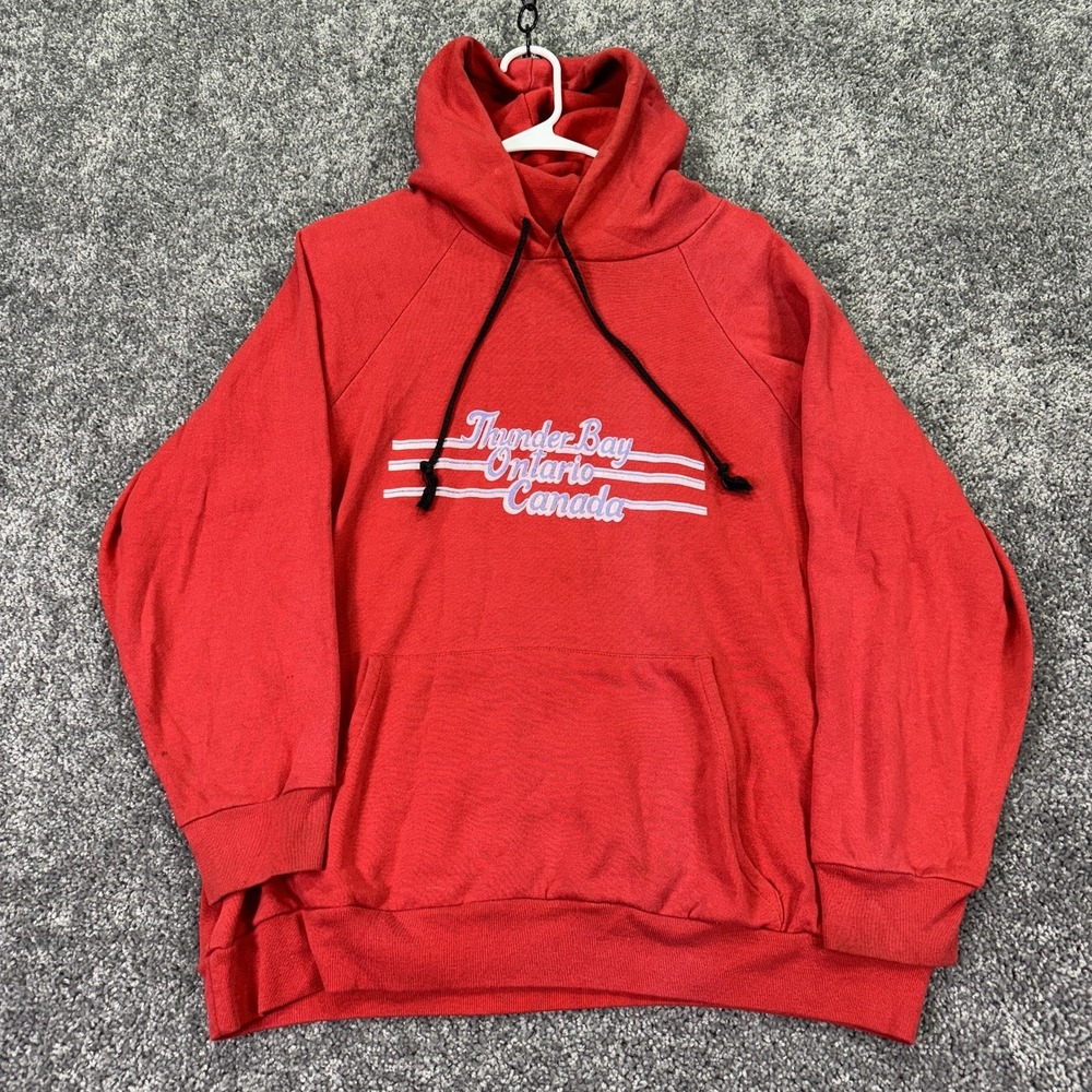 Vintage Textile Prints Hoodie Mens XL Red Fleece Pullover Thunder Bay Canada